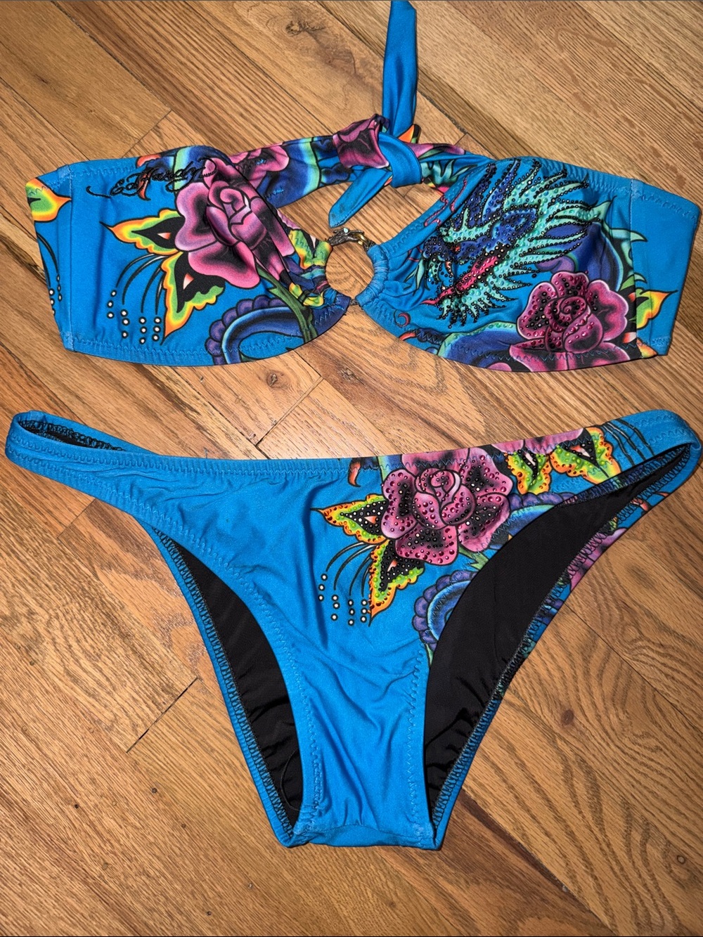Ed Hardy Vintage Blue Floral & Rhinestone Bandeau Bikini Set Size M NWOT